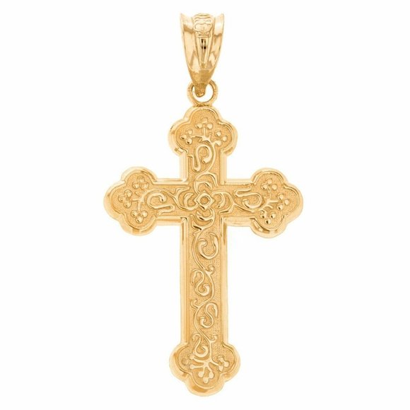 14k Solid Gold Greek Orthodox Rose Floral Cross Pendant